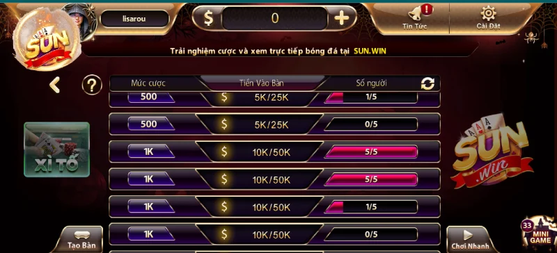 Bàn chơi game Sunwin đơn giản